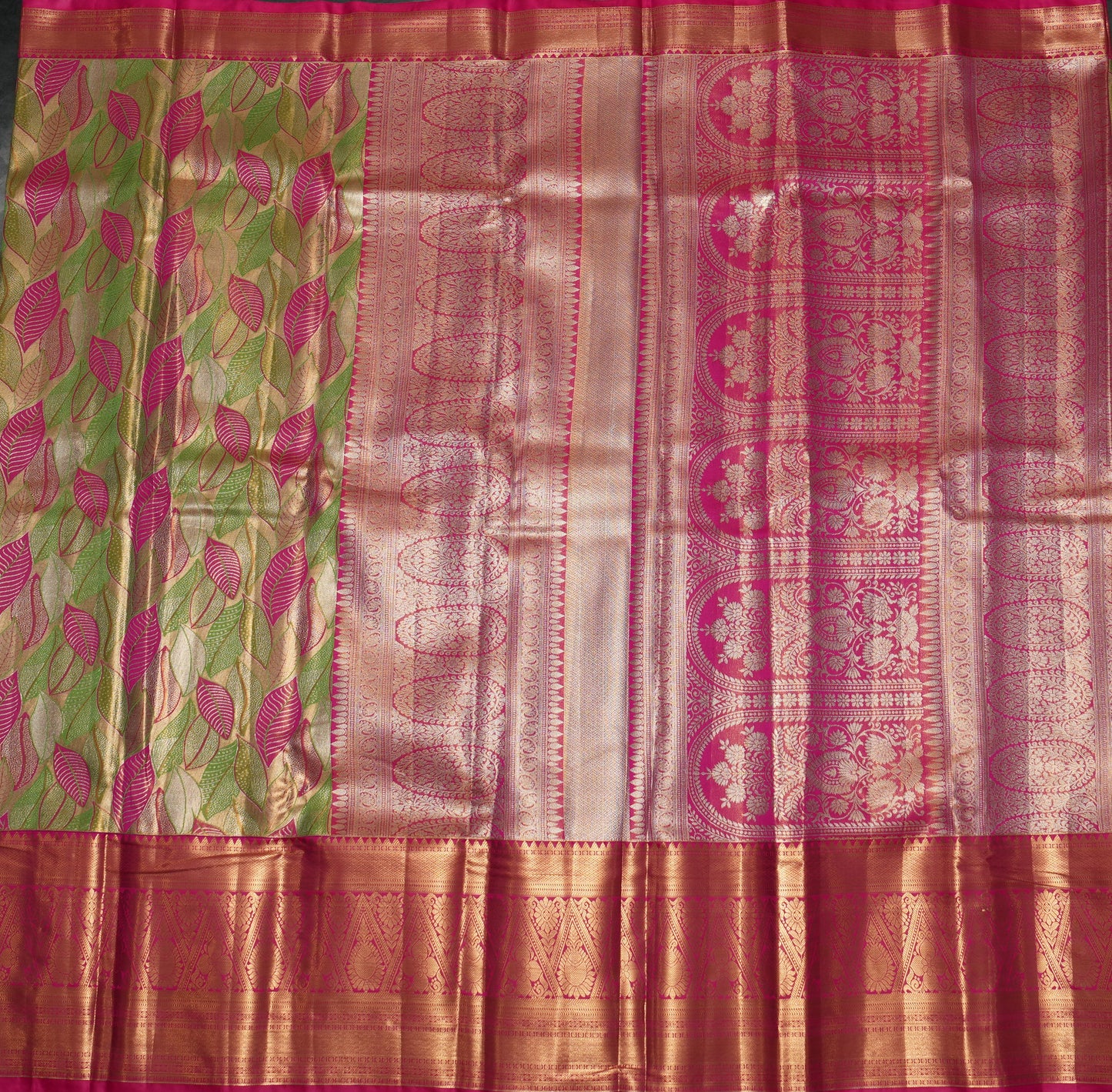 Semi Silk Tissue Saree - Green & Pink Leaves with Pink Border