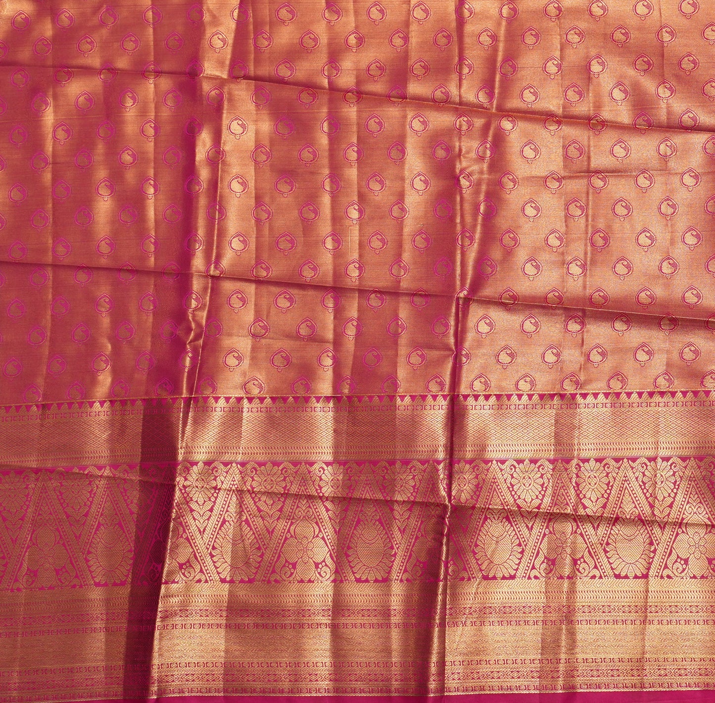 Semi Silk Tissue Saree - Green & Pink Leaves with Pink Border