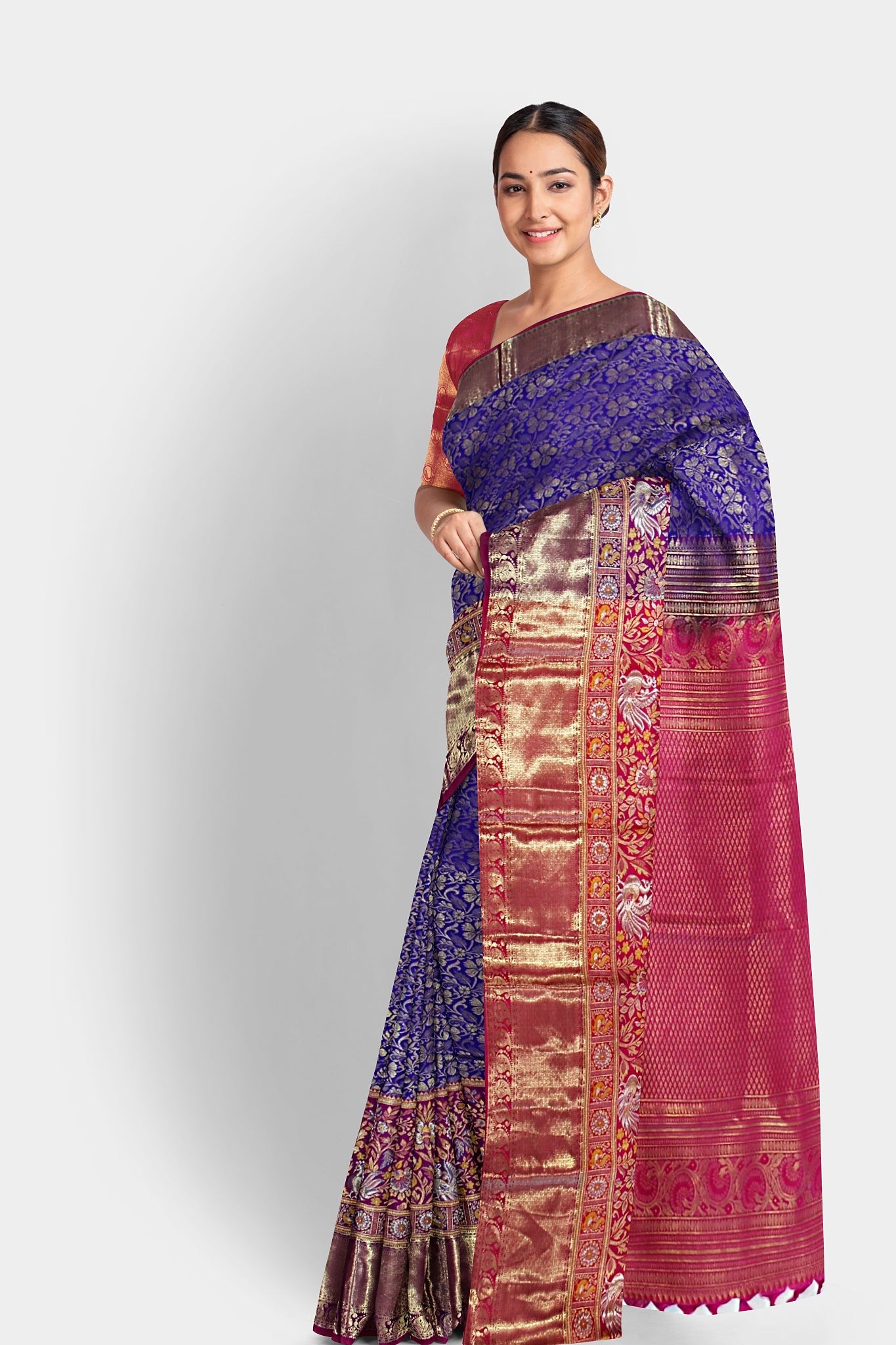 Blue Semi Silk saree with Rettai pettu maroon border