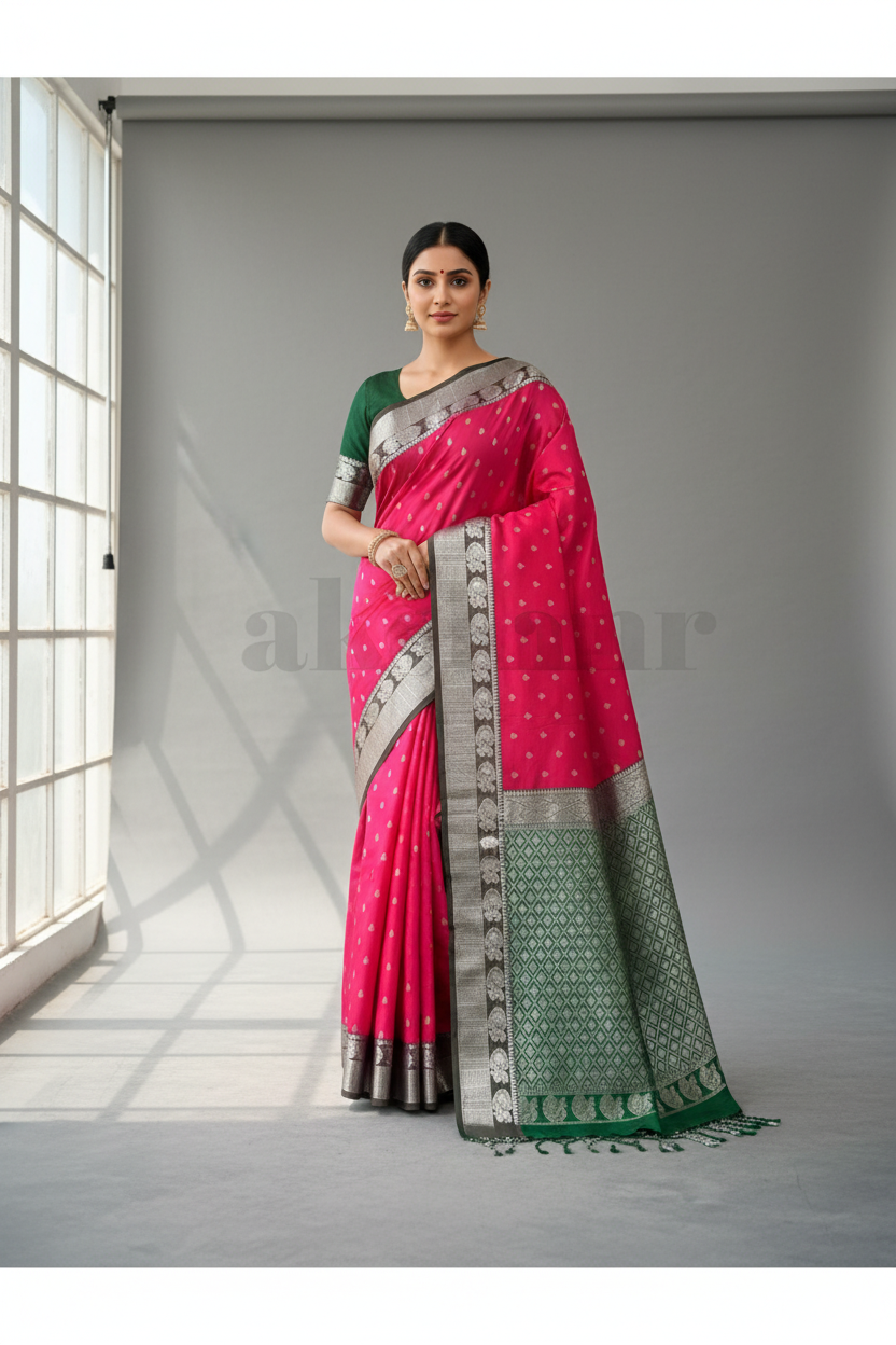 Pink Colour Soft Silk Saree with Green Colour Border