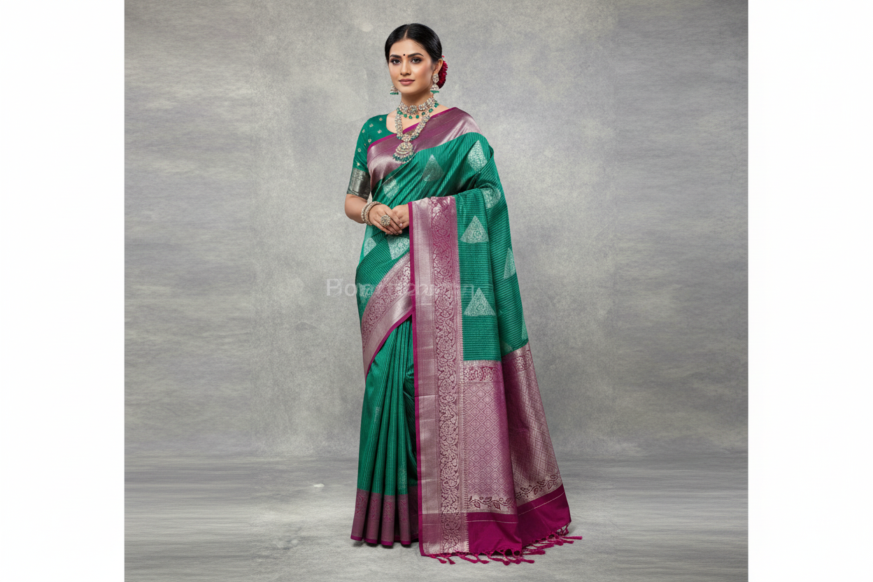 Dark Green Colour Soft Silk Saree with Magenta Pink Border