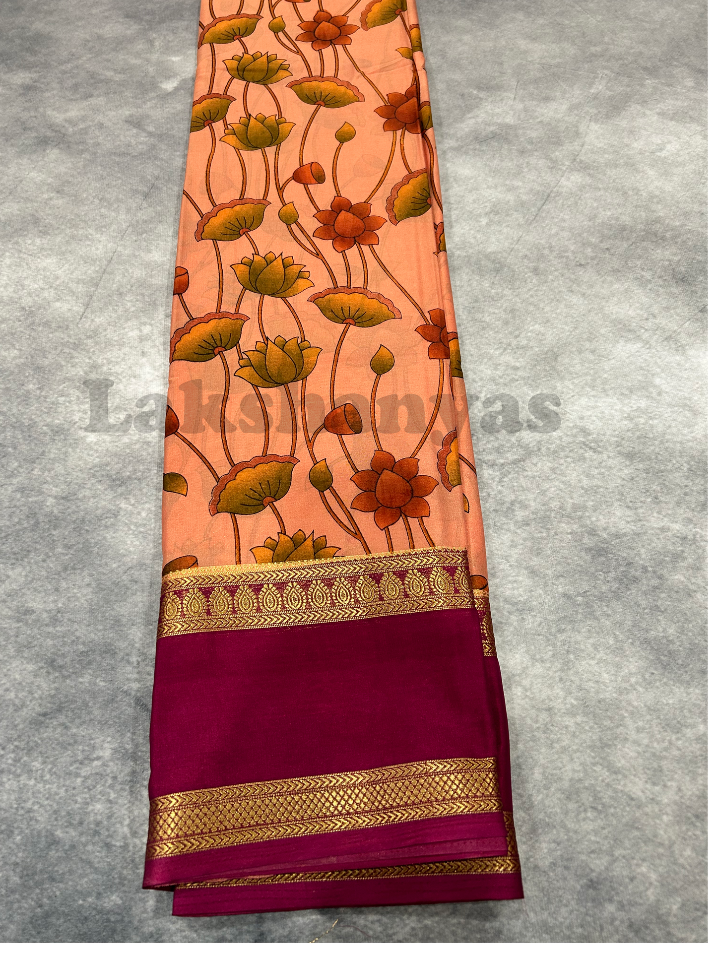Dark Peach Floral Digital Printed Mysore Crepe Saree