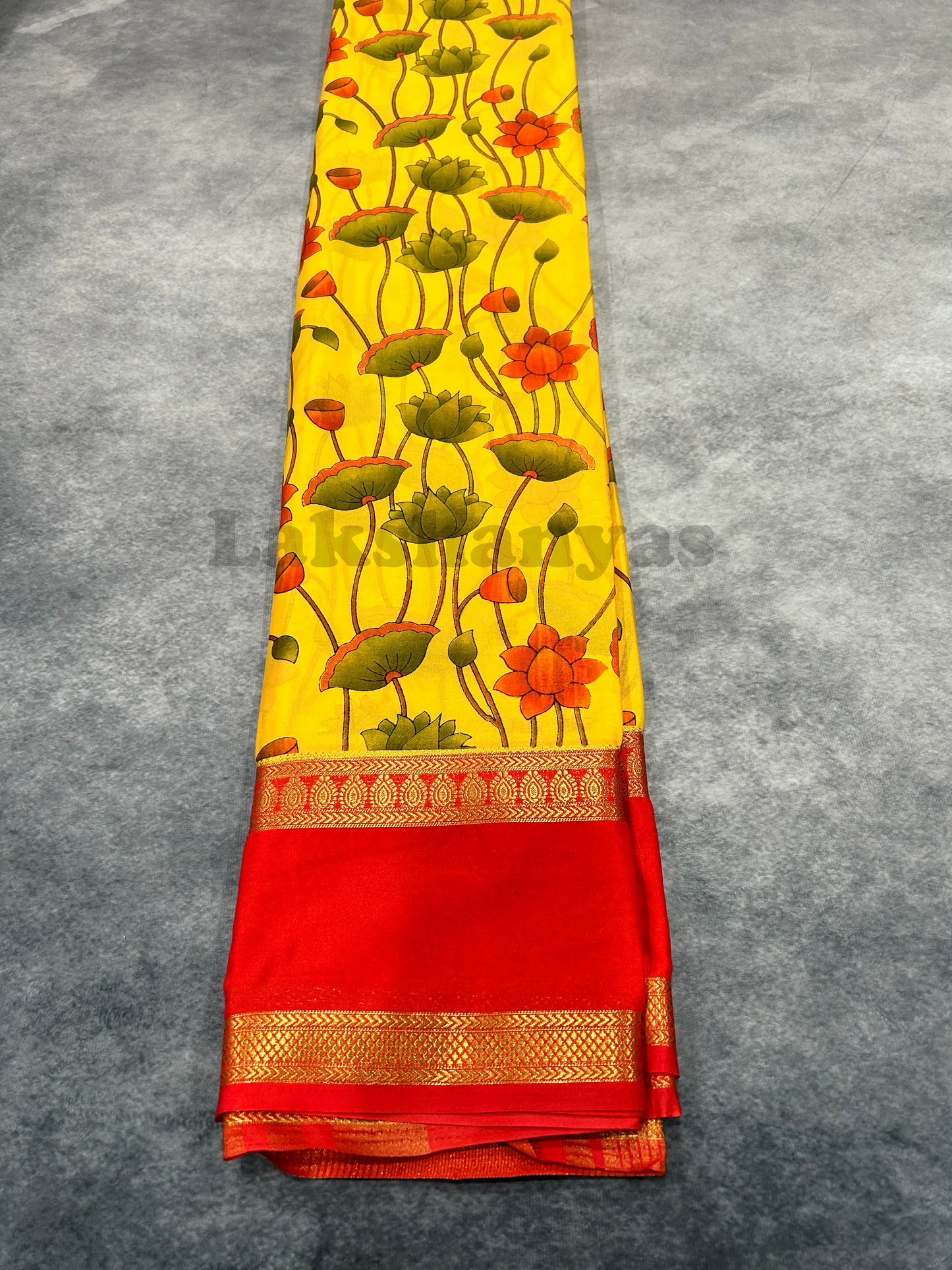 Yellow Floral Digital Printed Mysore Crepe Saree