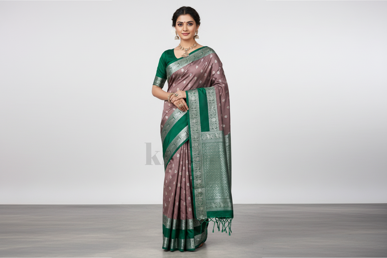 Lite Brown Colour Soft Silk Saree with Green Rettai Pettu Border