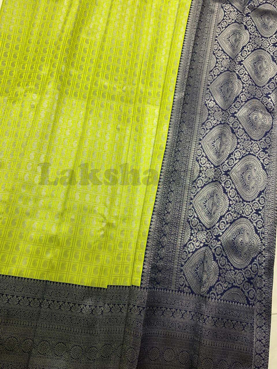 Green Apple Colour 1000 Butta Saree with Navy Blue Border