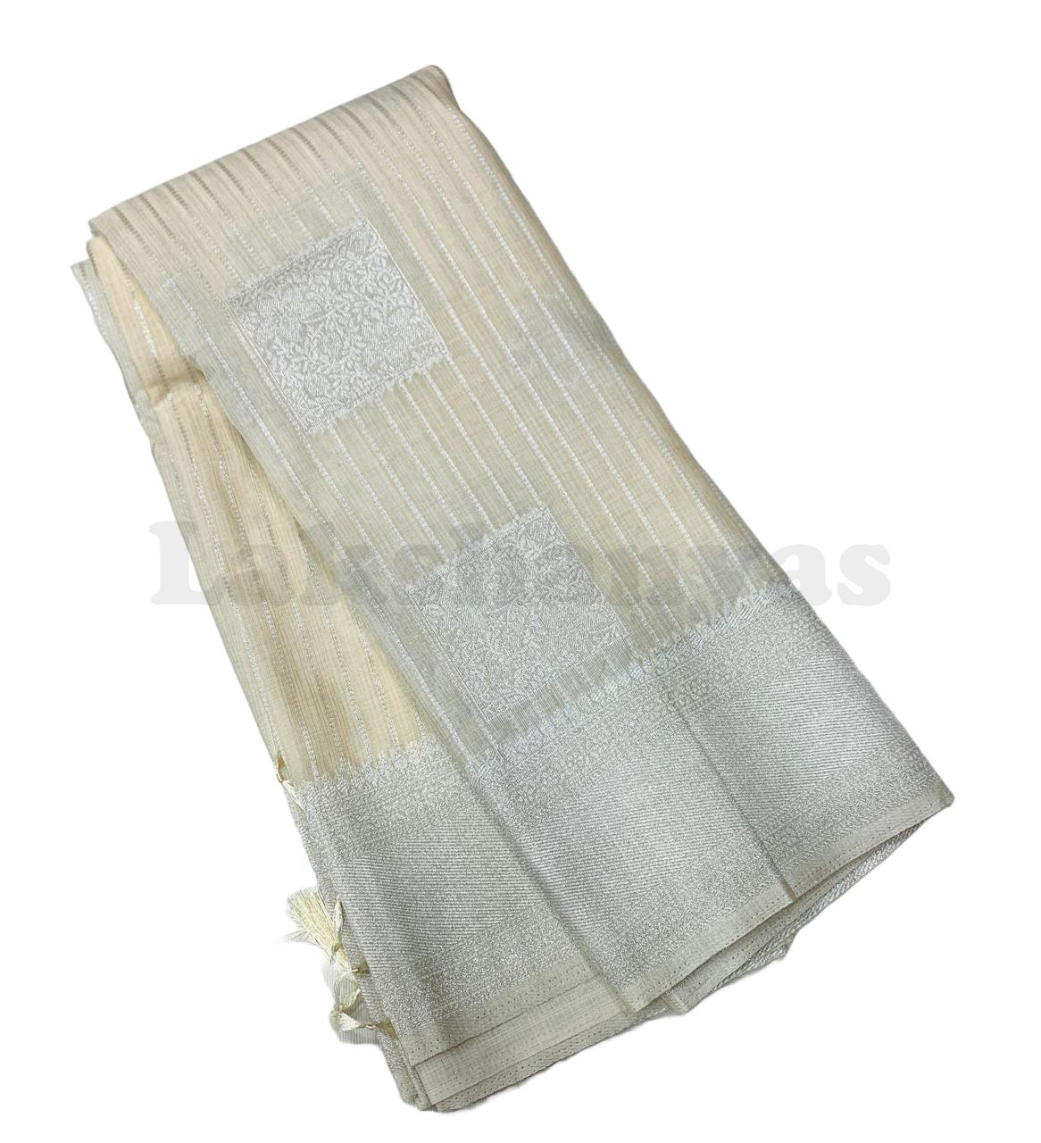 Off White Colour Linen Silk Saree with Sliver Zari Border