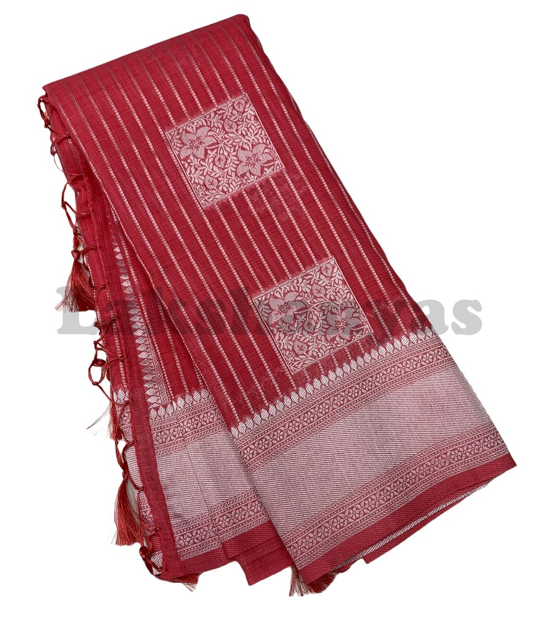 Cherry Color Linen Silk Saree with Sliver Zari Border
