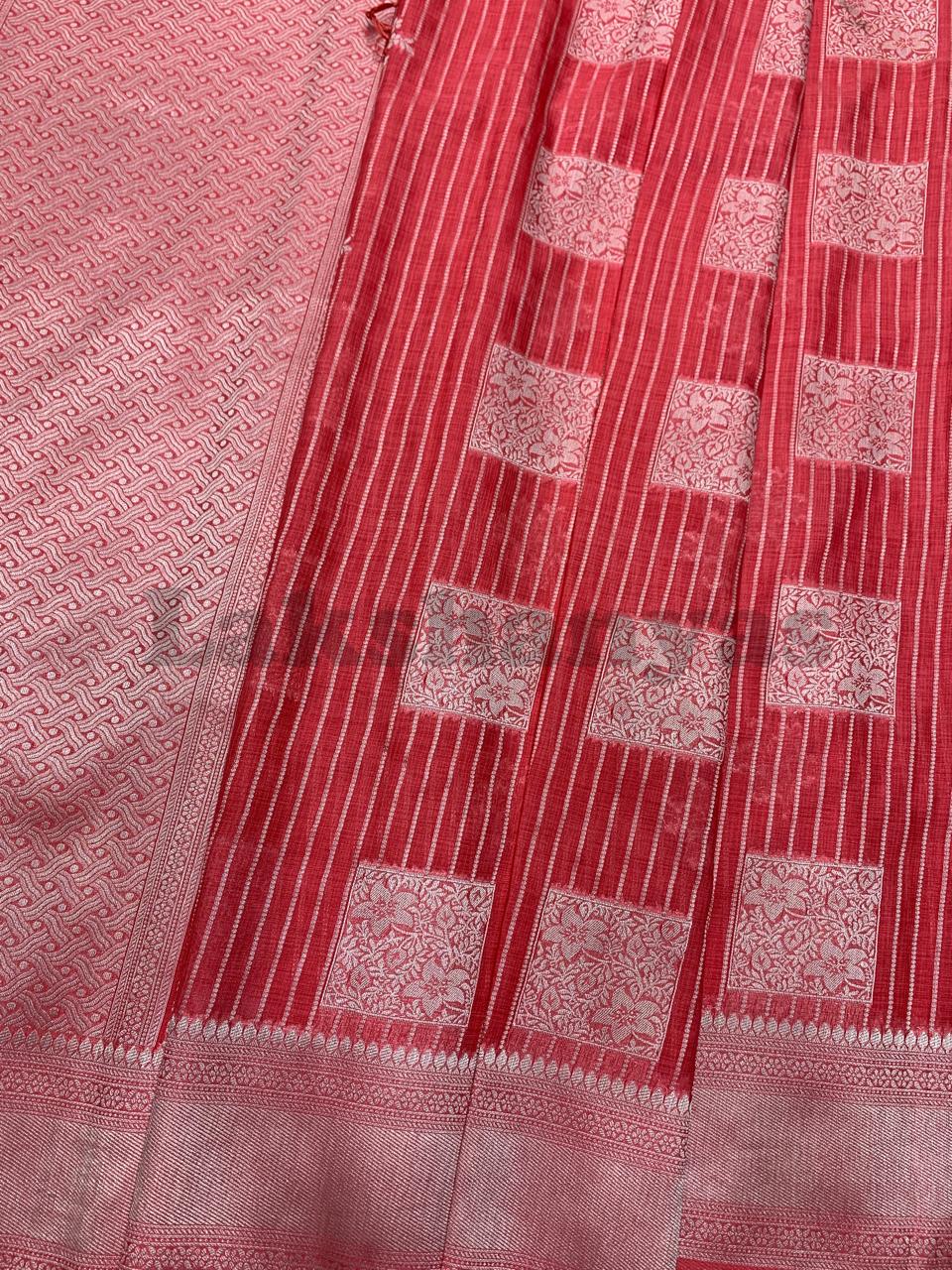 Cherry Color Linen Silk Saree with Sliver Zari Border