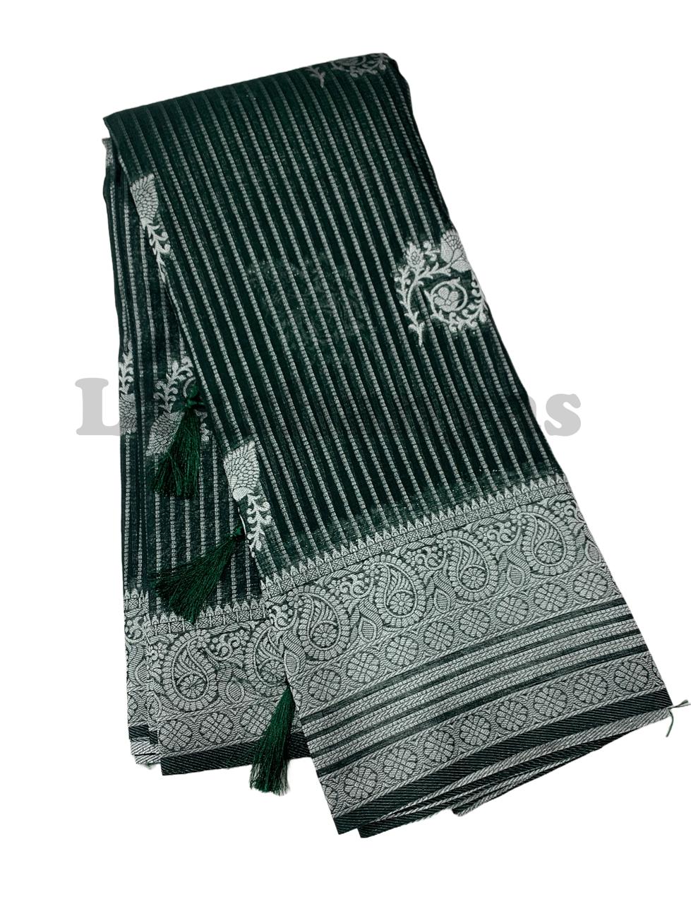 Green Colour Linen Silk Saree with Sliver Zari Border