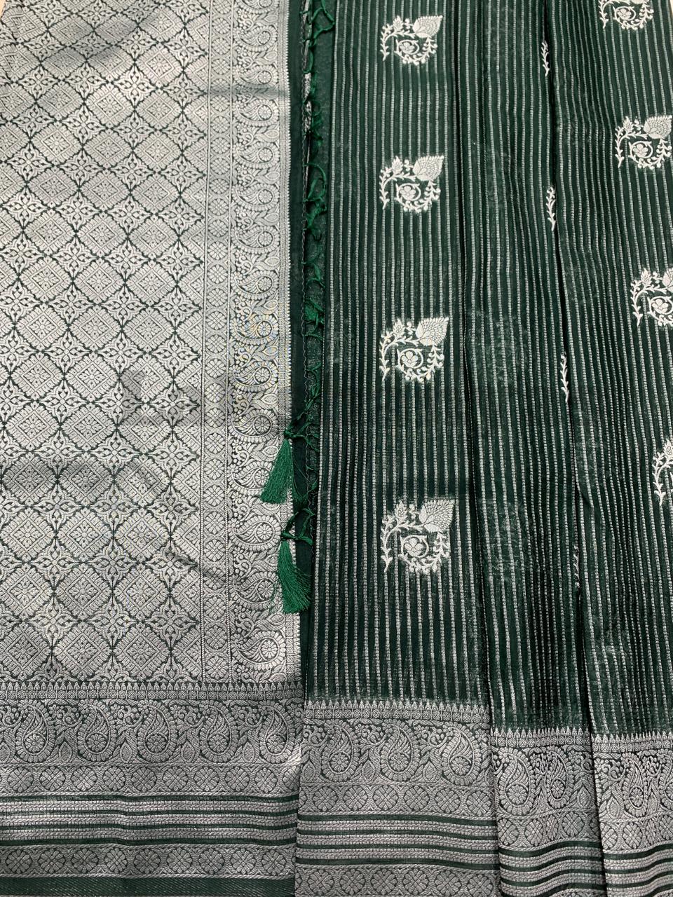 Green Colour Linen Silk Saree with Sliver Zari Border