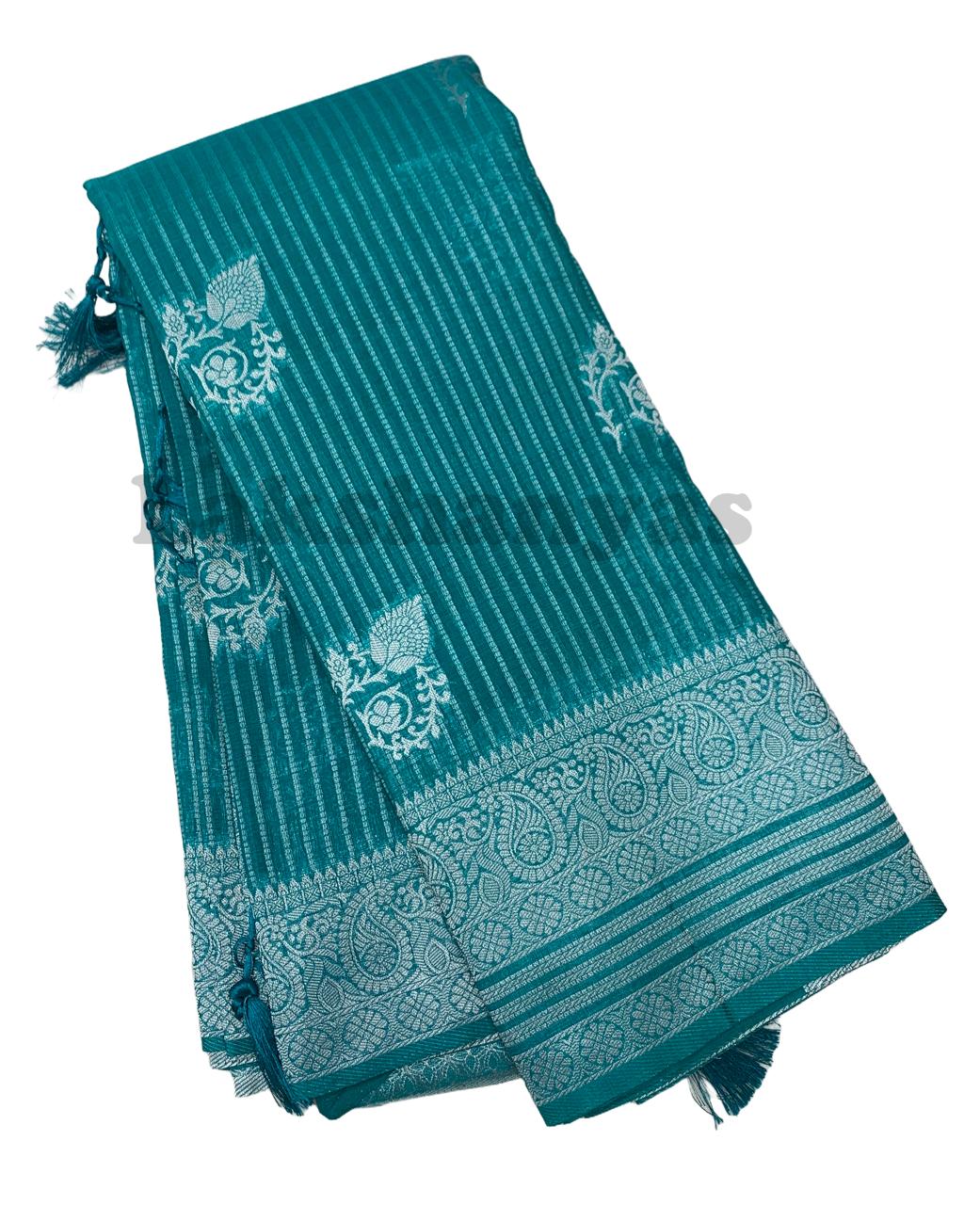 Sapphire Colour Linen Silk Saree with Sliver Zari Border s