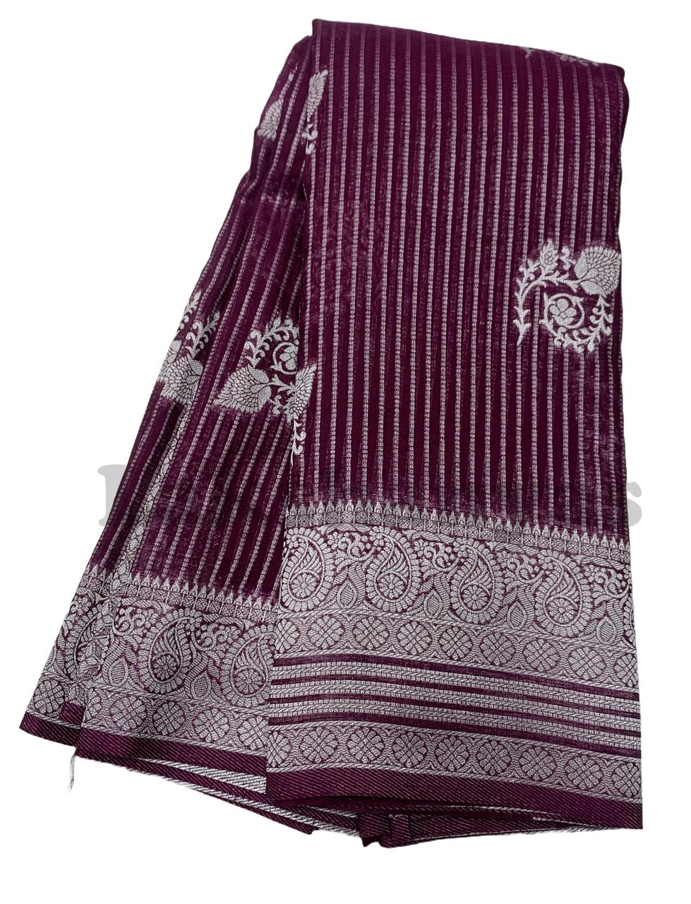 Magenta Colour Linen Silk Saree with Sliver Zari Border
