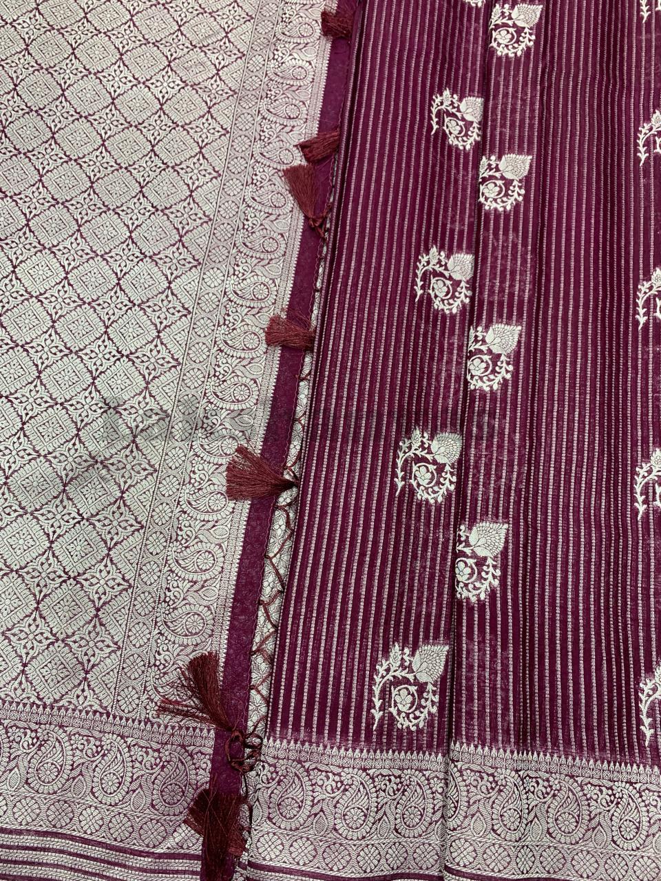 Magenta Colour Linen Silk Saree with Sliver Zari Border