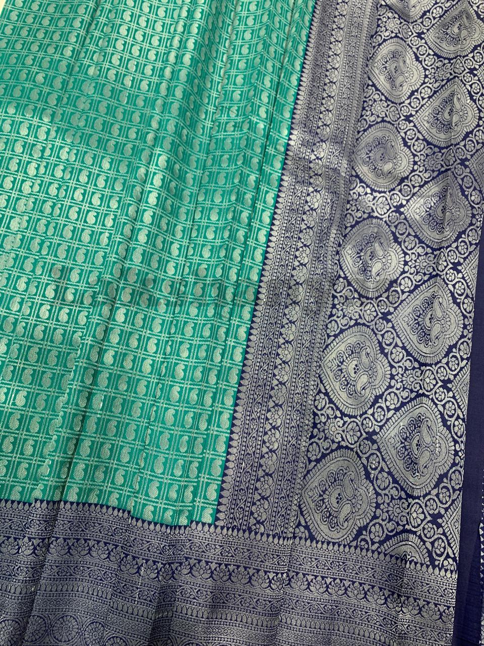 Green Colour 1000 Butta Saree with Navy Blue Border