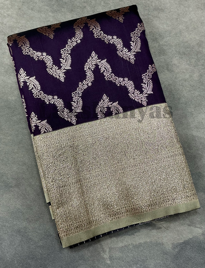 Dark Magenta Color vegan Silk saree with Sliver Color border