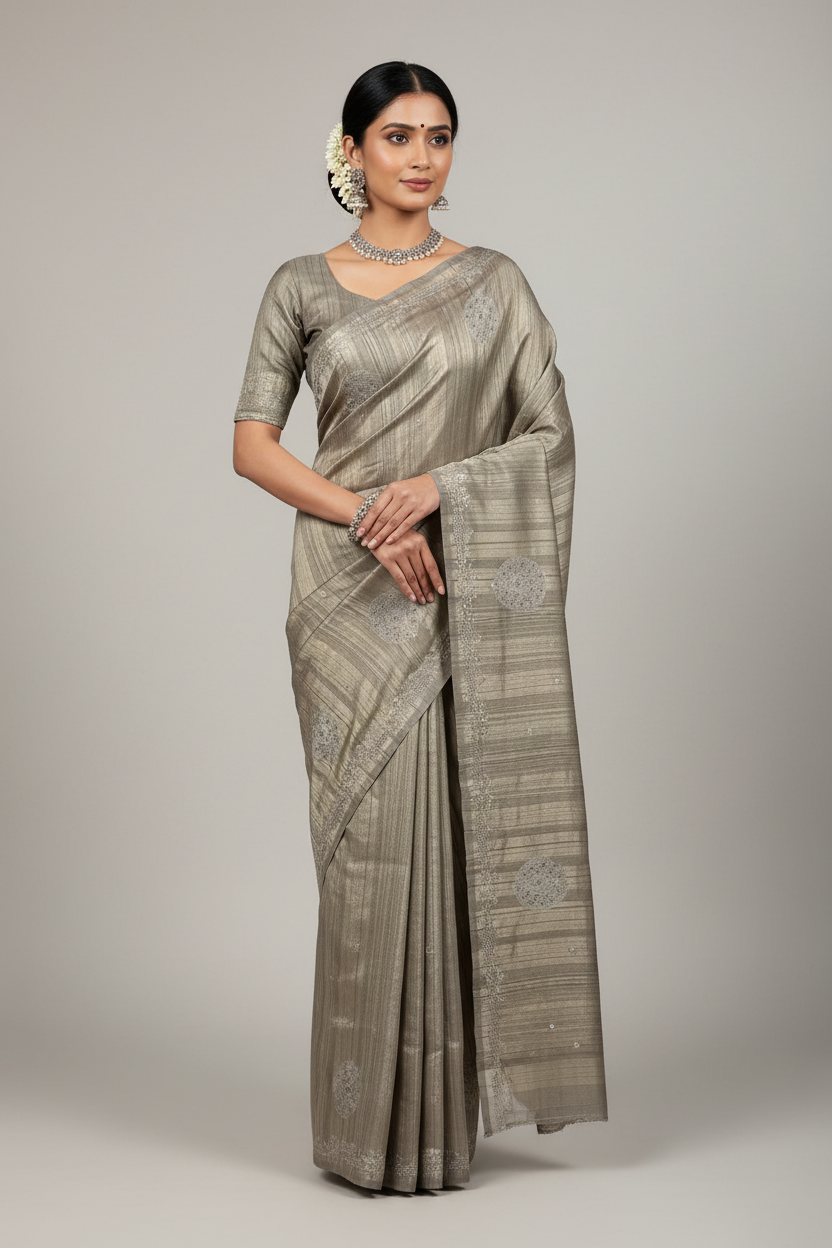Brown Tussar Saree with Cut Work Border