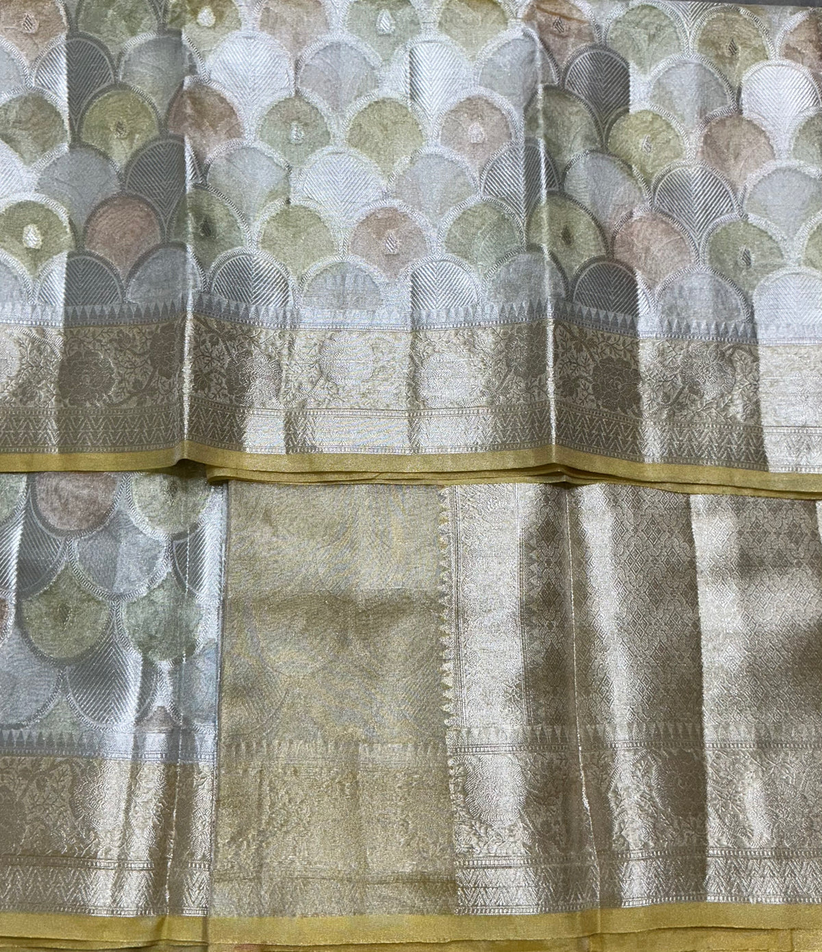 Katan Tissue Semi Silk Saree Multicolour Pastel with Yellow Colour Border