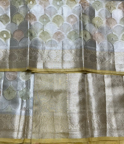 Katan Tissue Semi Silk Saree Multicolour Pastel with Yellow Colour Border