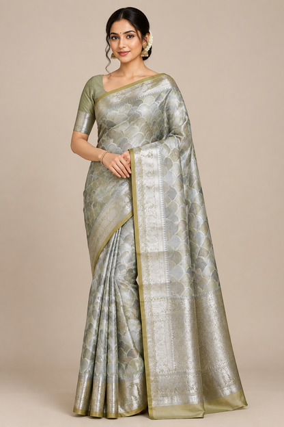 Katan Tissue Semi Silk Saree Multicolour Pastel with Yellow Colour Border