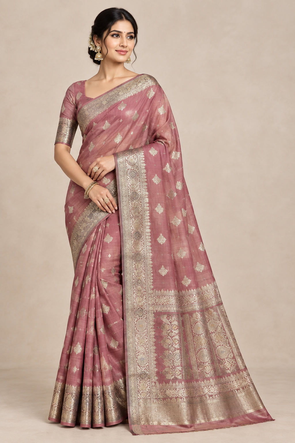 Semi Tussar Silk Saree Peach Pink Colour with Silver Zari Border