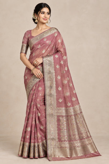 Semi Tussar Silk Saree Peach Pink Colour with Silver Zari Border