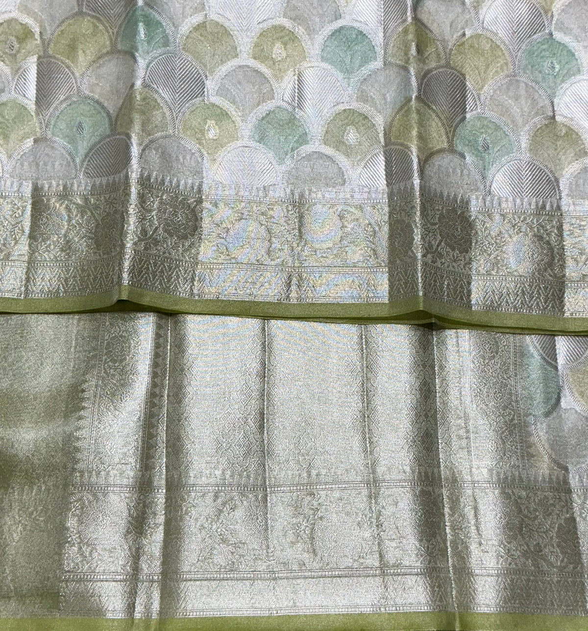 Katan Tissue Semi Silk Saree Multicolour Pastel with Pista Green Colour Border