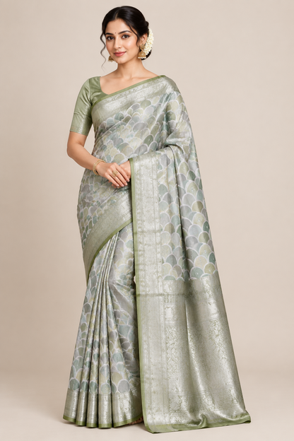 Katan Tissue Semi Silk Saree Multicolour Pastel with Pista Green Colour Border