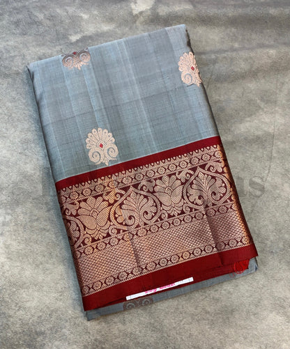 Grey Pure Kanjivaram Silk Saree with Maroon border