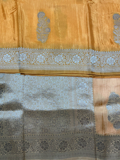 Semi Banarasi Saree Mango Yellow Color with Silver Zari Design Border