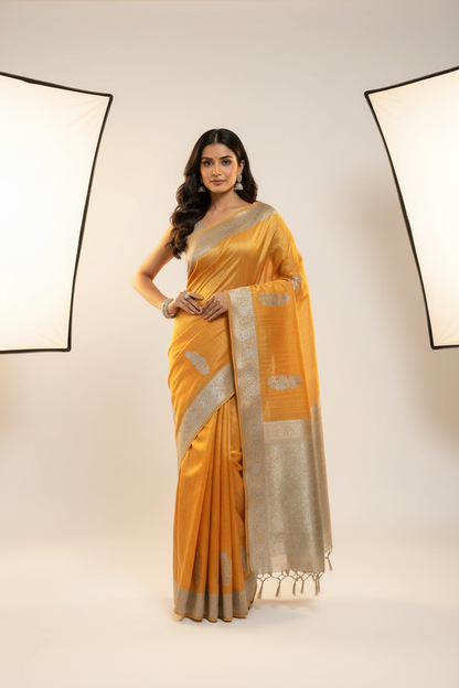 Semi Banarasi Saree Mango Yellow Color with Silver Zari Design Border