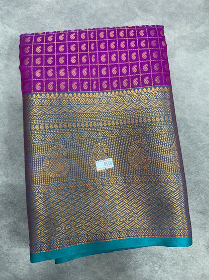 Kanchi Style Art Silk Saree – Magenta with Blue Border and 1000 Butta