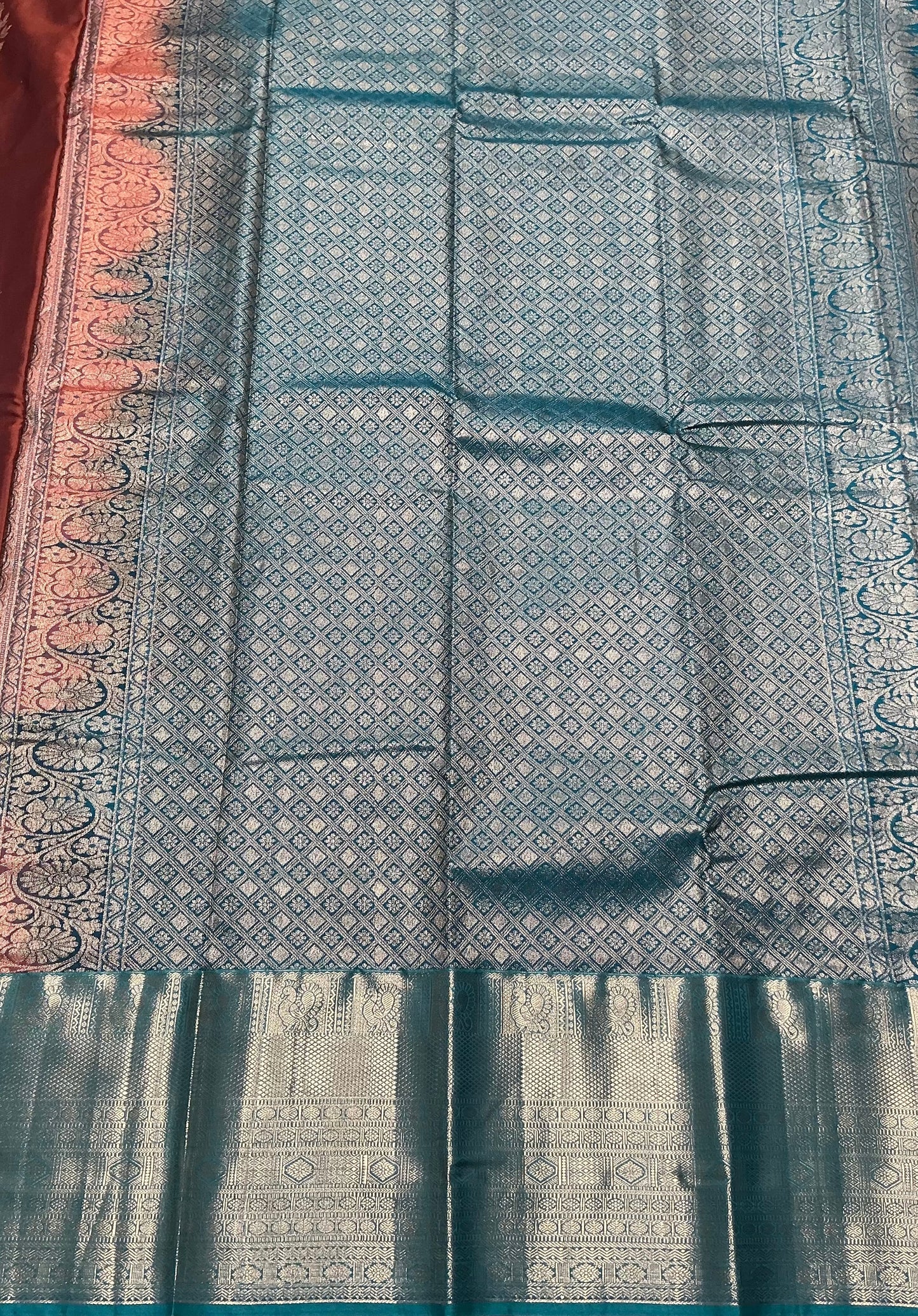 Rust Brown Vegan Silk saree with multi colour motifs contrast saree
