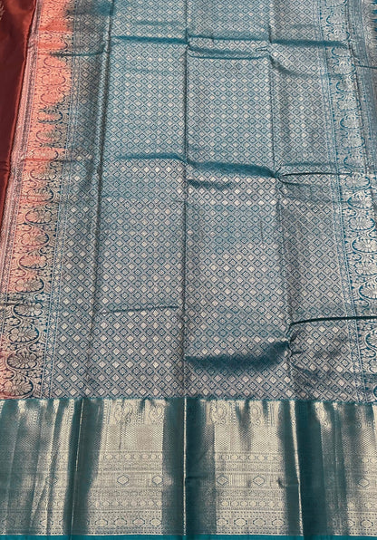Rust Brown Vegan Silk saree with multi colour motifs contrast saree