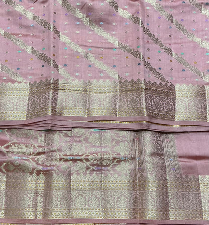 Semi Tussar Silk Saree Light Pink Colour with Silver Zari Border