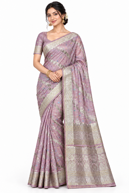 Semi Tussar Silk Saree Light Pink Colour with Silver Zari Border