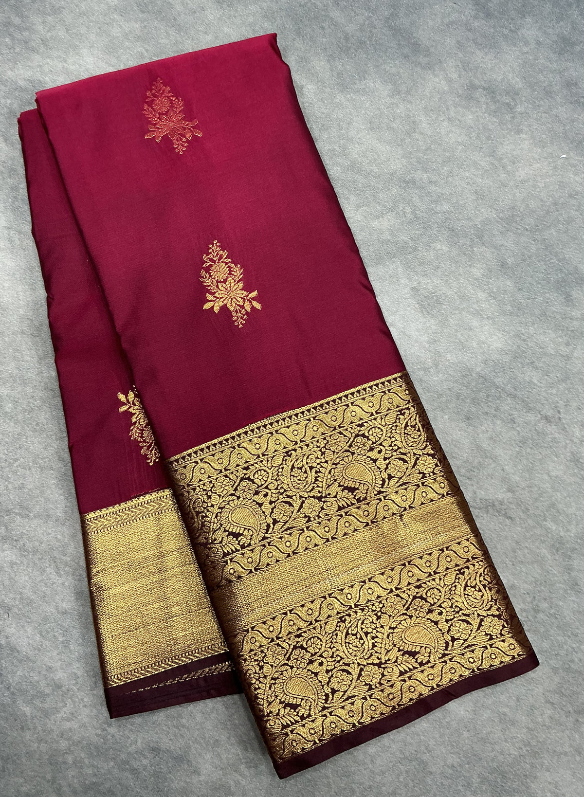 Maroon Color Vegan Silk saree with Brown Color with Floral Design border