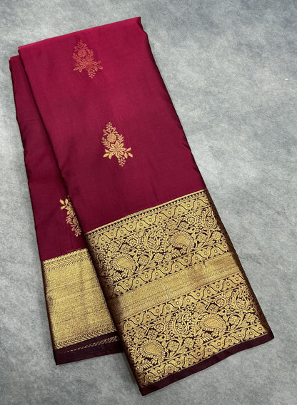 Maroon Color Vegan Silk saree with Brown Color with Floral Design border