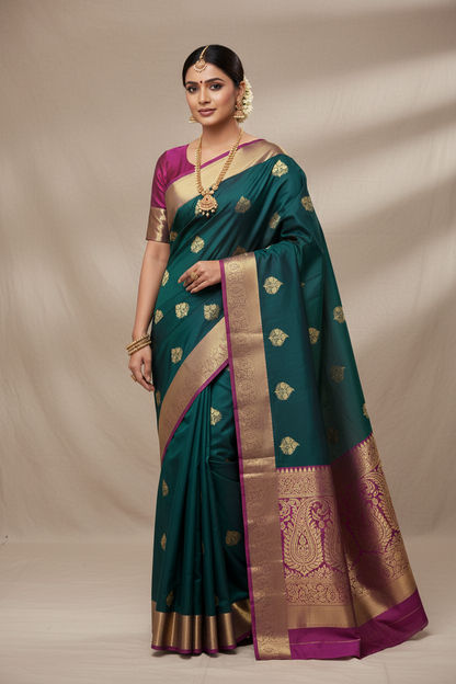 Green Color Vegan Silk saree with Pink border