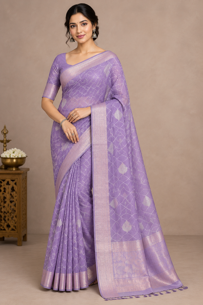 Lavender Colour Jute Silk Saree with Flower Butta and Zari Border