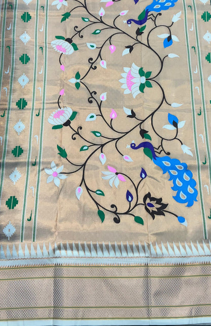 Emerald Green Vegan Silk Paithani Saree with Copper Zari