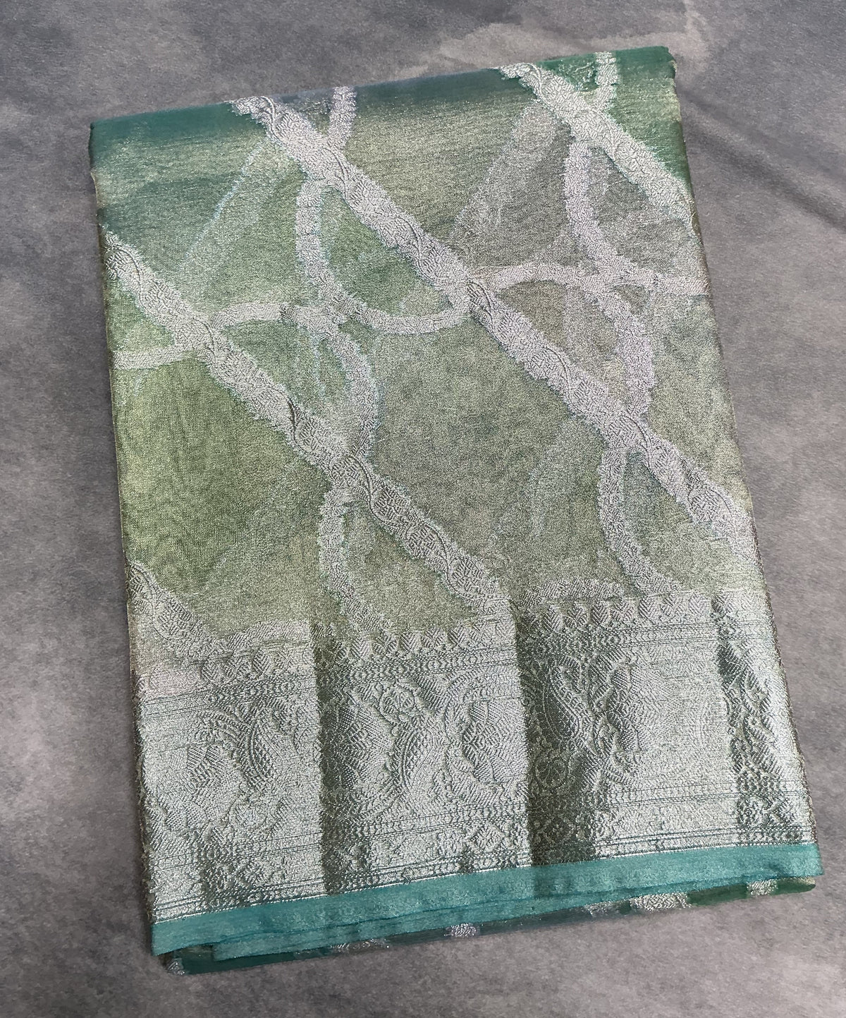 Katan Tissue Semi Silk Saree Sea Green Colour with Silver Zari Border