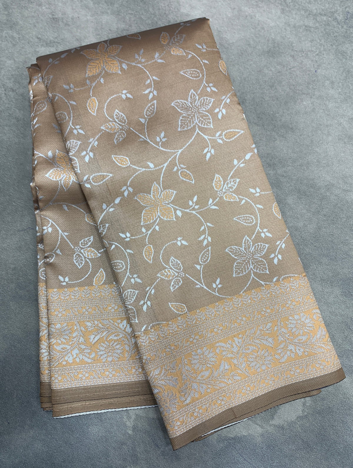 Light Brown Colour Jute Silk Saree with Floral Creeper
