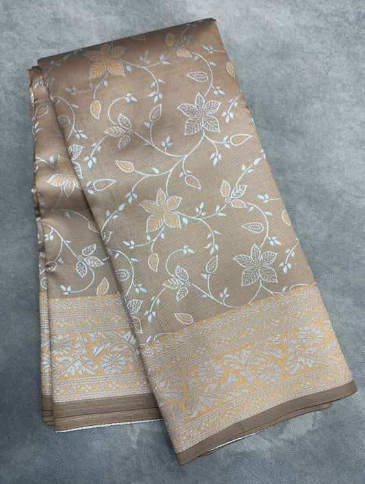 Light Brown Colour Jute Silk Saree with Floral Creeper