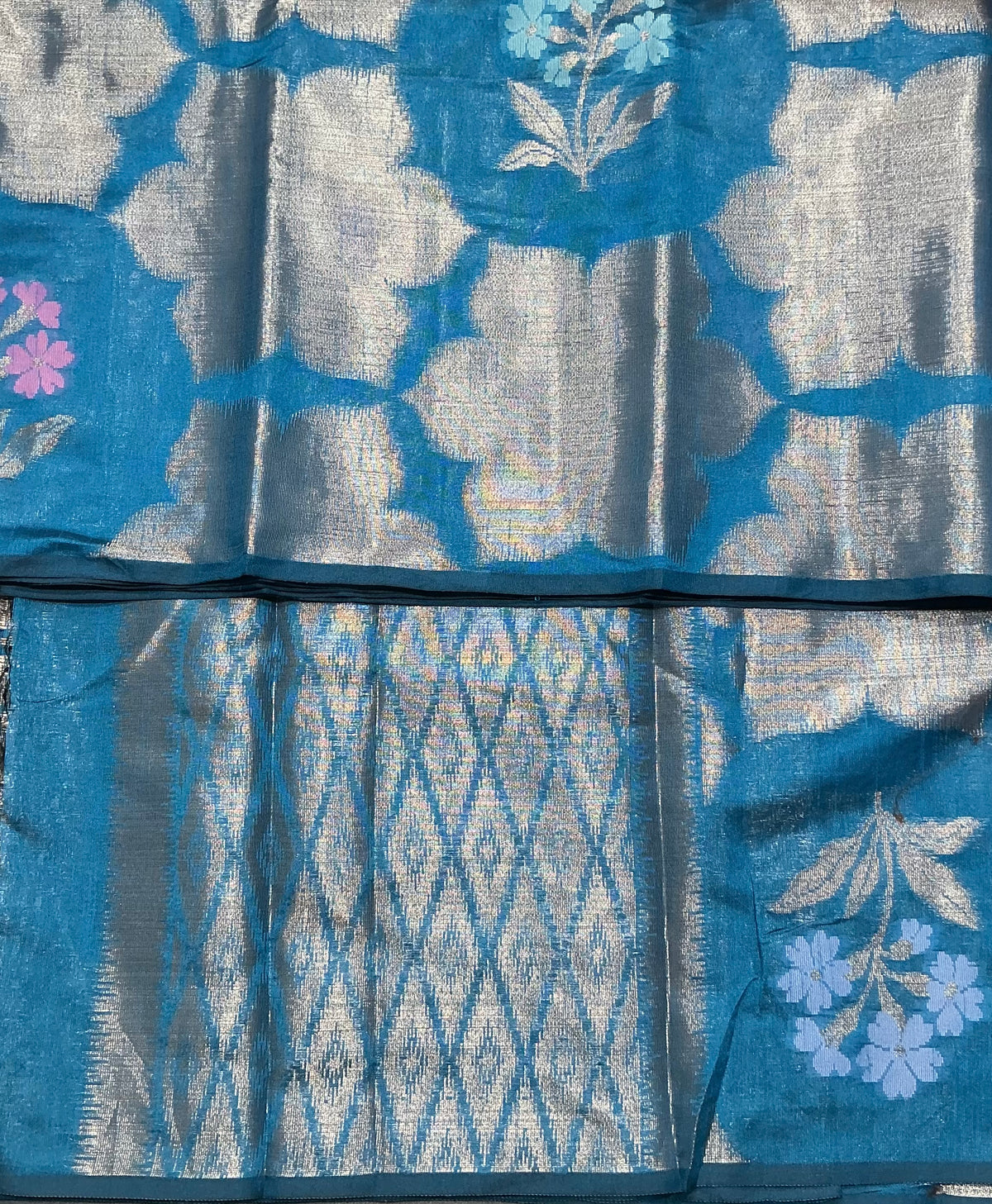 Peacock Blue Colour Chanderi Silk Saree, Borderless