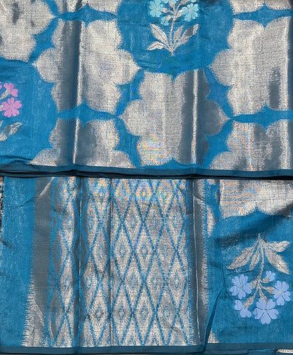 Peacock Blue Colour Chanderi Silk Saree, Borderless