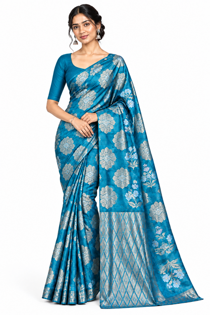 Peacock Blue Colour Chanderi Silk Saree, Borderless