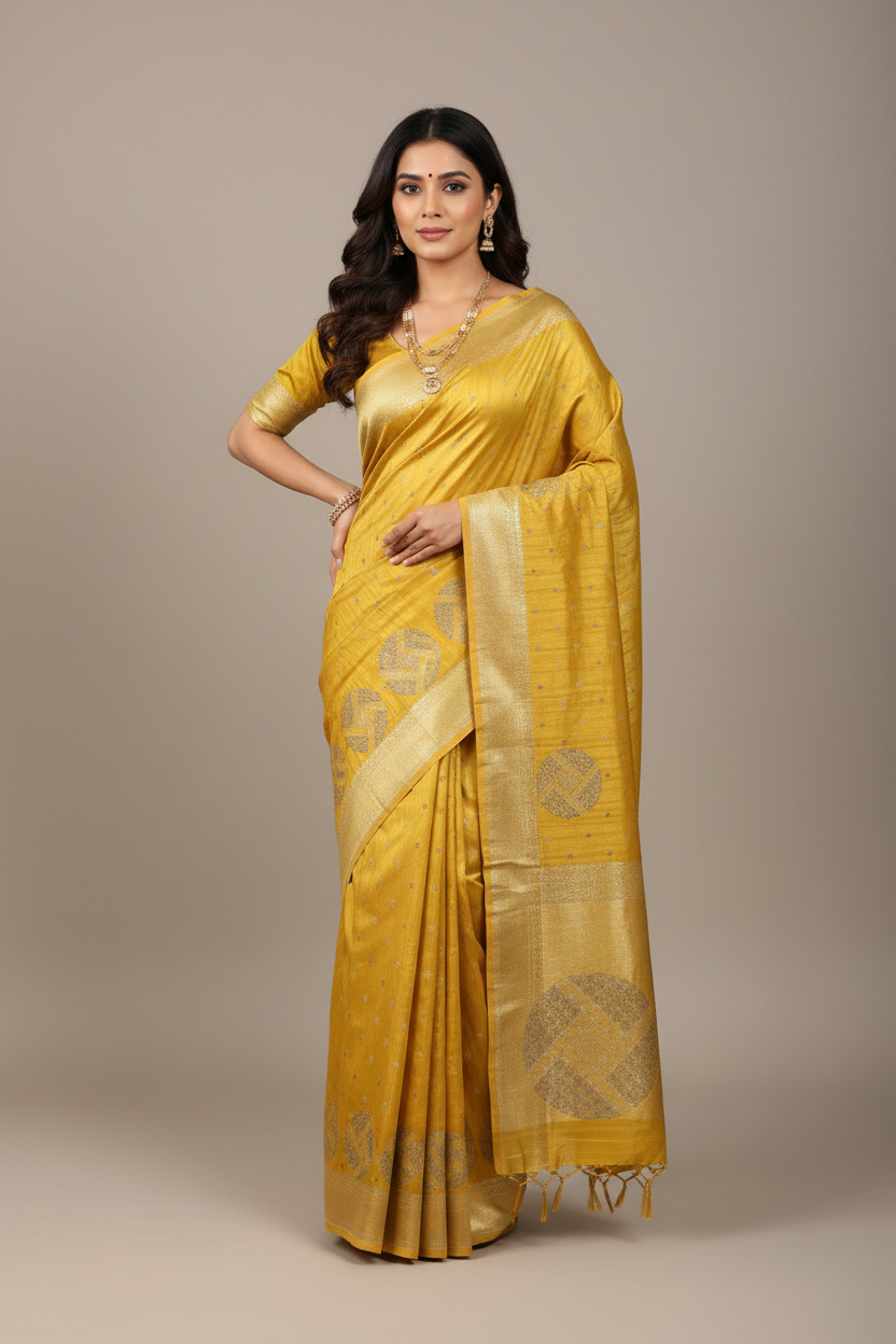 Mustard Yellow Tussar Saree with Embroidery Work Border