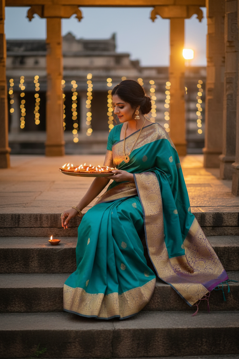 Sapphire Color Vegan Silk saree with silver meenakari floral butta