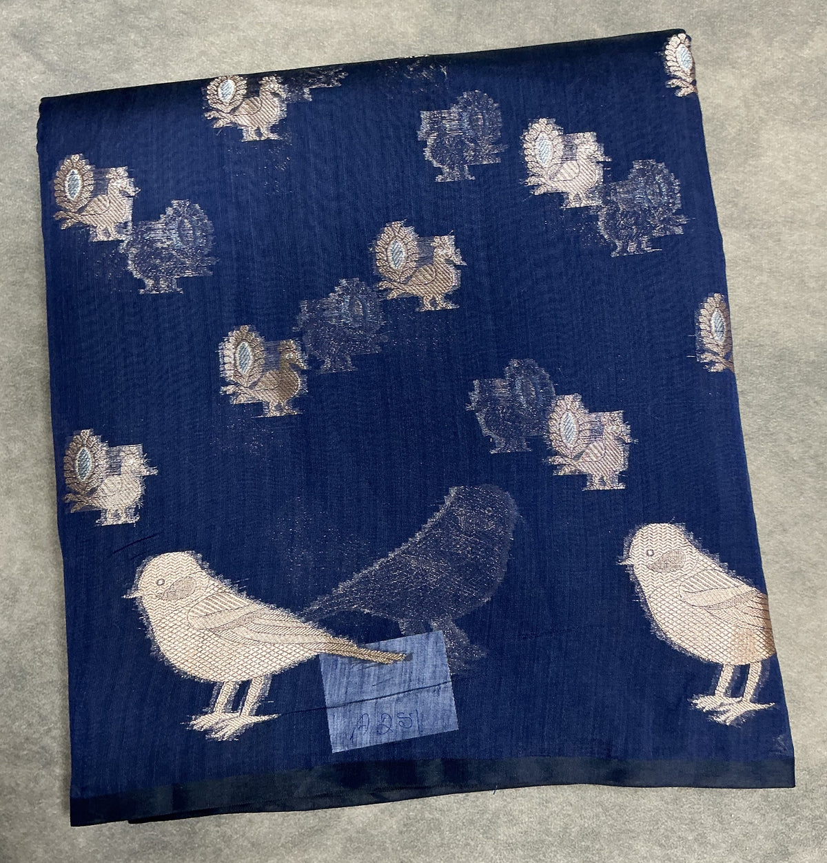 Silk Cotton Saree Blue Colour with Peacock and Sparrow Butta