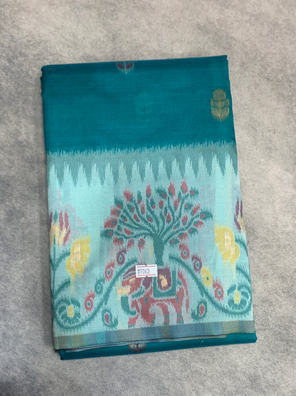 Rama Green Colour Satin Saree with Light Green Colour Ikat Border